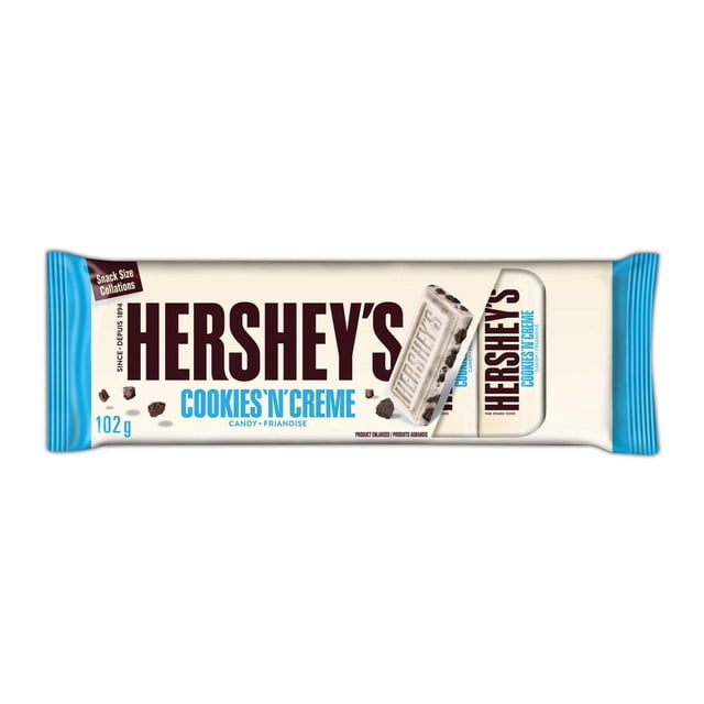 HERSHEY'S COOKIES 'N' CRÈME Snack Sized Candy Bar in white and blue packaging with the Hershey's logo in dark brown, showing a white crème bar with chocolate cookie bits, weighing 102 grams, suitable for on-the-go snacking or sharing.