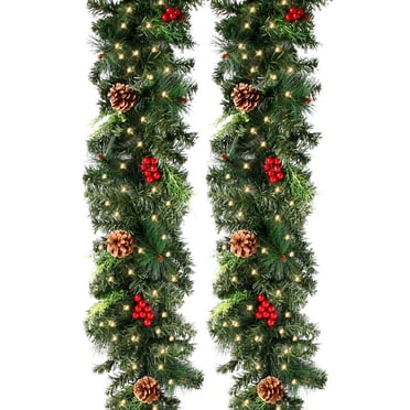 Pre-Lit Christmas Garlands with LED Light Illuminated Christmas Wreaths with Pinecones Red