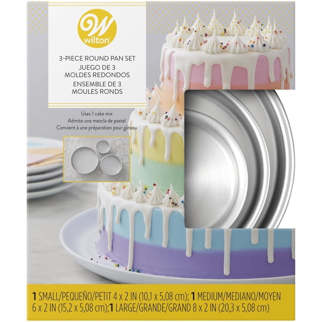 Wilton Aluminum 3-Tier Round Cake Pan Set with three aluminum pans measuring 4 x 2 in, 6 x 2 in, and 8 x 2 in, displayed on packaging showing a colorful tiered cake with white drip icing and sprinkles, suitable for baking layered and tiered cakes.