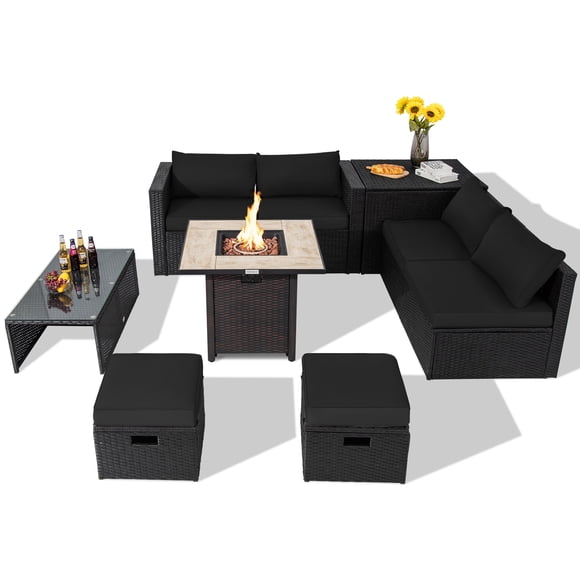 Topbuy 9 Pieces Outdoor PE Rattan Wicker Sectional Sofa with 42" Gas Fire Pit Table Space-Saving Patio Conversation Set with Storage Box Black
