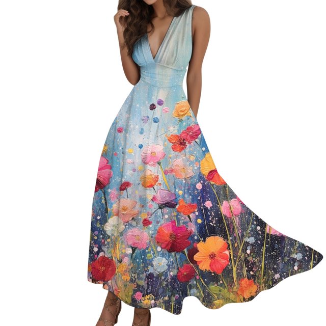 TJAZFJPA Robes d'Été Grande Taille Robes d'Été Sans Manches Robe de Travail à Manches Courtes Imprimée Col en V Robe Décontractée pour Femme Robe Maxi Grande Taille Robes Vintage Robes de Bal