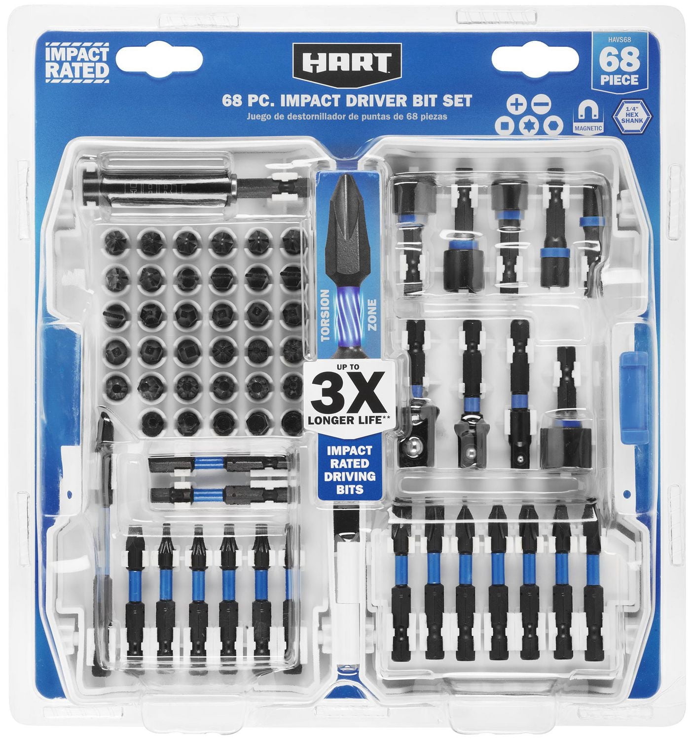 HART 68-Piece Impact Driver Bit Set with Storage Case, Torsion Zone
