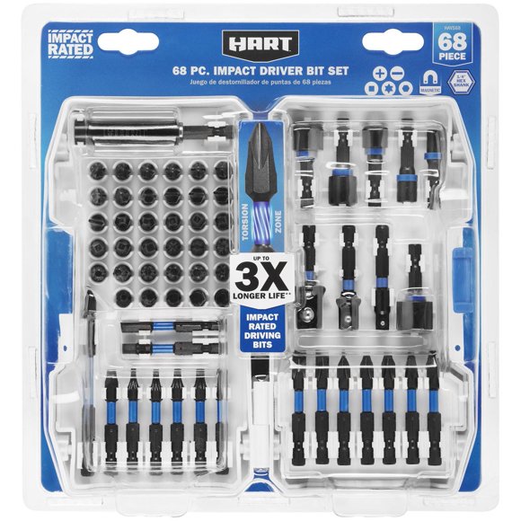 HART 68-Piece Impact Driver Bit Set with Storage Case, Torsion Zone