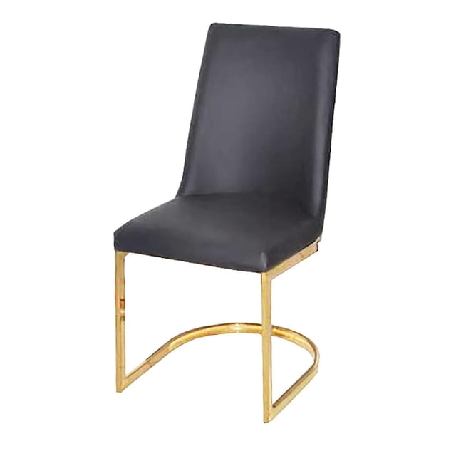 Canadian Chaise de Salle à Manger Ohio Noire (Ensemble de 2) Montrée en Vue avant 3/4 avec un Siège et un Dossier en Tissu PU Noir Présentant une texture Douce, Soutenue par une base Déportée Chromée Dorée, Convient aux Sièges de Cuisine et de Salle à Manger et Est Souvent Utilisée comme Chaises de Bureau Élégantes.