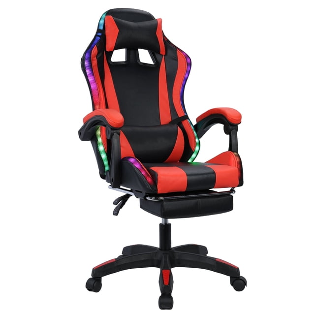 jiemuces Gaming Chair with Bluetooth-compatible Speakers LED Light Height Adjustable Extension Backrest Handrail Design Working Retractable Footrest Faux