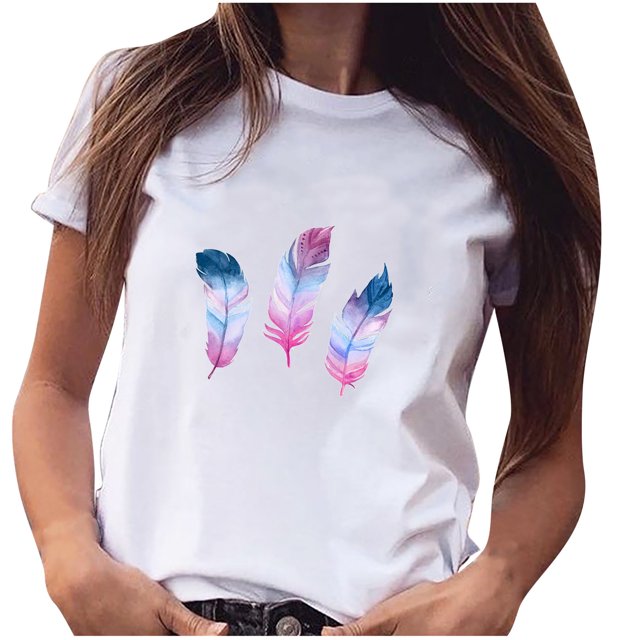 Pompotops Femmes Filles Grande Taille Chemise à Imprimé Plume Manches Courtes T-Shirt Blouse Hauts