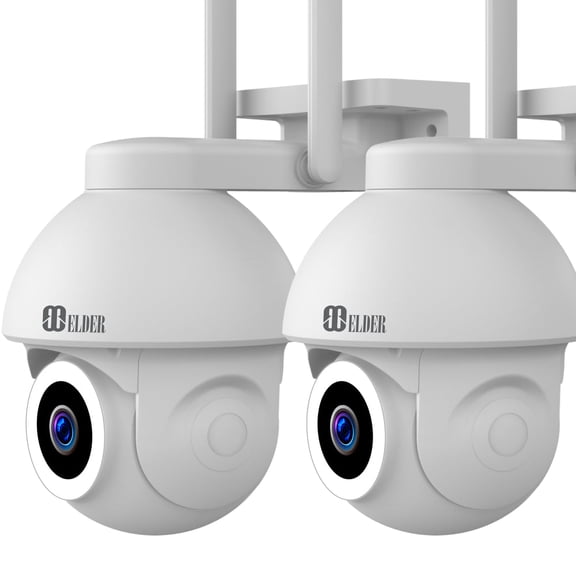 Elder Caméra de Sécurité 4K PTZ WiFi Extérieur x2 Pack 64 Go Semi-Sans Fil, Détection Alimentée par IA Bricolage Maison Intelligente, Dissuasion des Projecteurs et Vision Nocturne Couleur, Fonctionne avec Hey Google et Alexa
