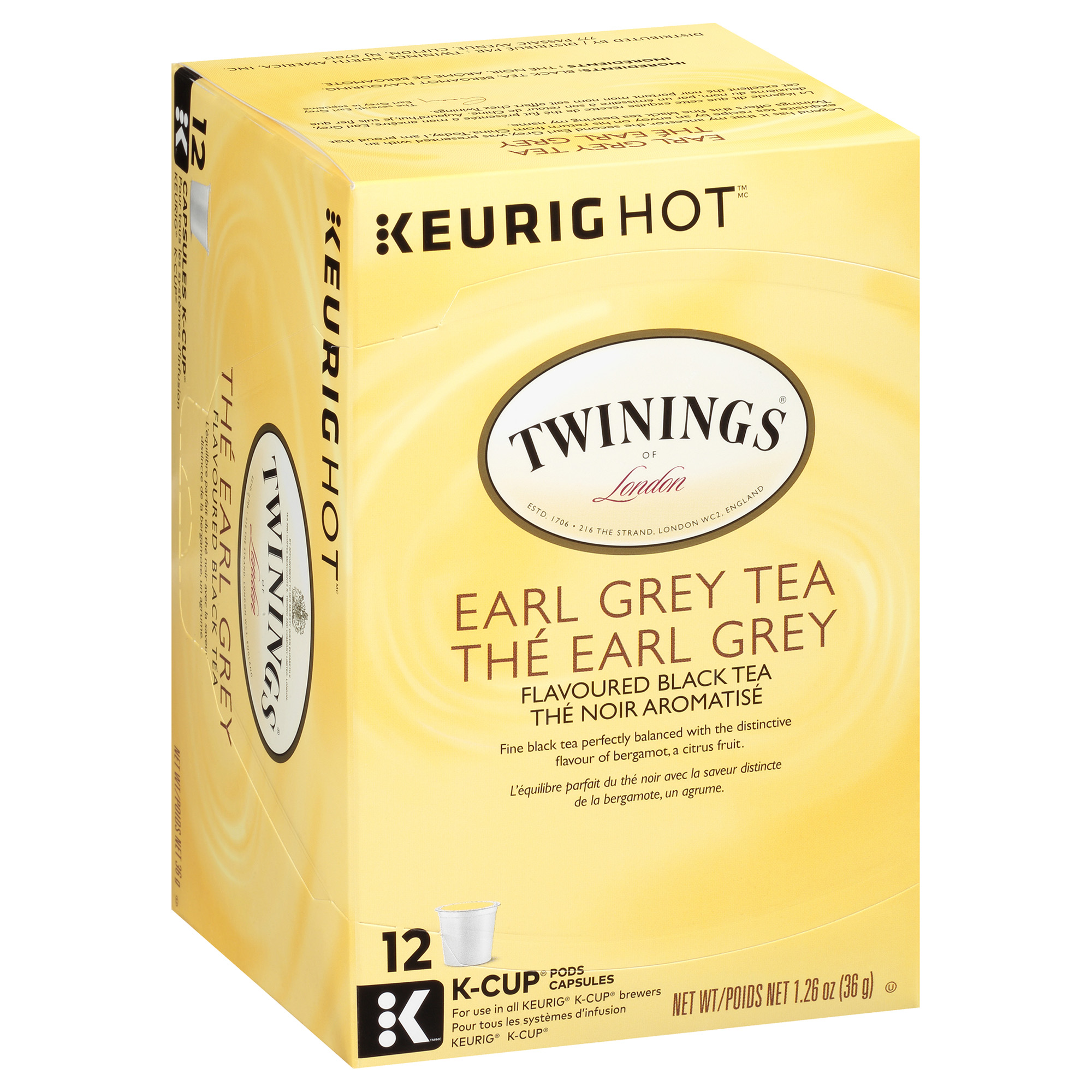 Twinings Thé Noir Earl Grey en Capsules K-Cup, Bergamote et Agrumes, Naturellement Caféiné, 12 Capsules