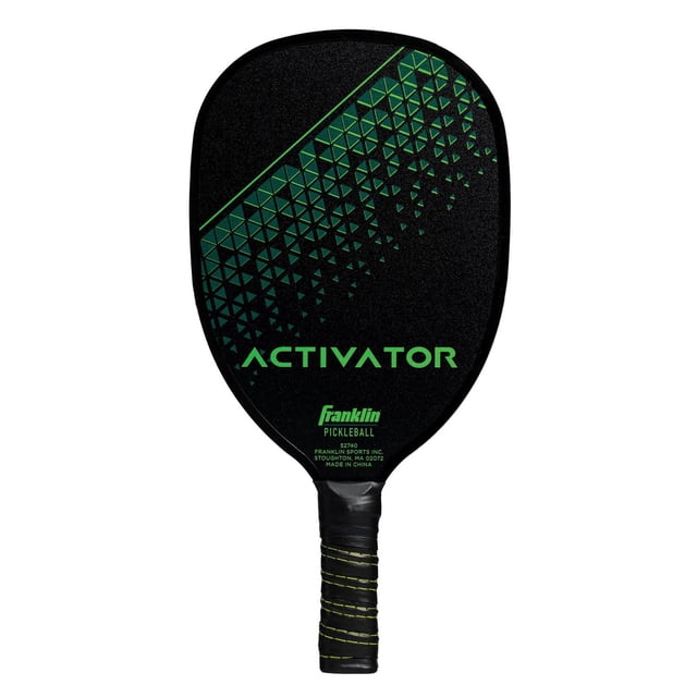 Franklin Sports Activator Pickleball Paddle with a black face featuring green geometric triangle patterns and the word 'ACTIVATOR' in green, a wrapped black handle with green stitching, constructed from durable 7-ply wood with plastic edging for tournament-approved play and enhanced grip comfort.