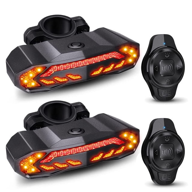 WSDCAM 2 Pack Bike Tail Light with Turn Signals and Brake Light, designed for road bikes, mountain bikes, and e-bikes. Features ultra-bright 160LM LED lights with 6 modes, smart brake light, wireless turn signals, and a 110dB horn. Includes anti-theft alarm, IP65 waterproof rating, and USB Type-C rechargeable battery for long-lasting performance. Ideal bike accessory for enhanced visibility and safety.