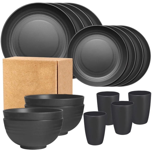 Wdhugt Black 16-Piece Dinnerware Set With Large Belly Cups Bowls Plates Tableware Household Plastic Drop Resistant