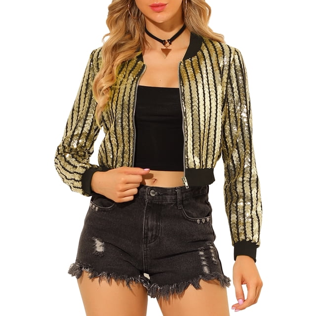 INSPIRE CHIC Women's Metallic Long Sleeve Stand Collar Zipper Cropped Bomber Jacket Gold S