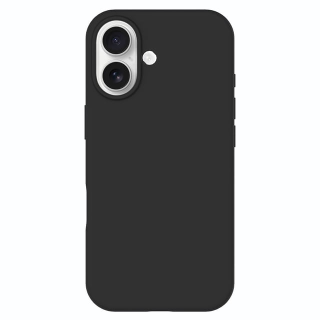 Blu Element Silicone MagSafe Case Black for iPhone 17 shown from the back with a slim black silicone body, raised edges around the dual camera cutout with silver trim, soft microfibre lining to prevent scratches, and MagSafe compatibility for secure attachment and drop protection.
