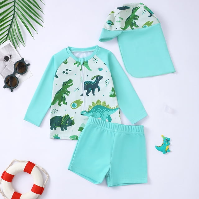 Product Classification Boys Swimwear Set Featuring Dinosaur Print Long Sleeve Rash Guard Swim Shirt with Swim Trunks and Hat for Summer Beach Pool