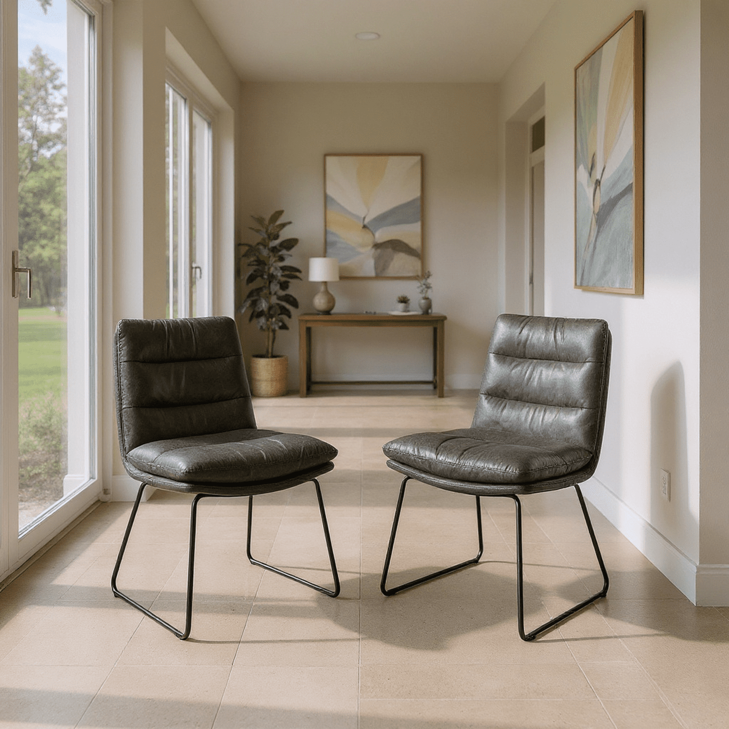 Homy Casa 2 Piece Channel Tufted Dining Chairs with Padded Seat and Metal Sled Legs for Home Dining Space