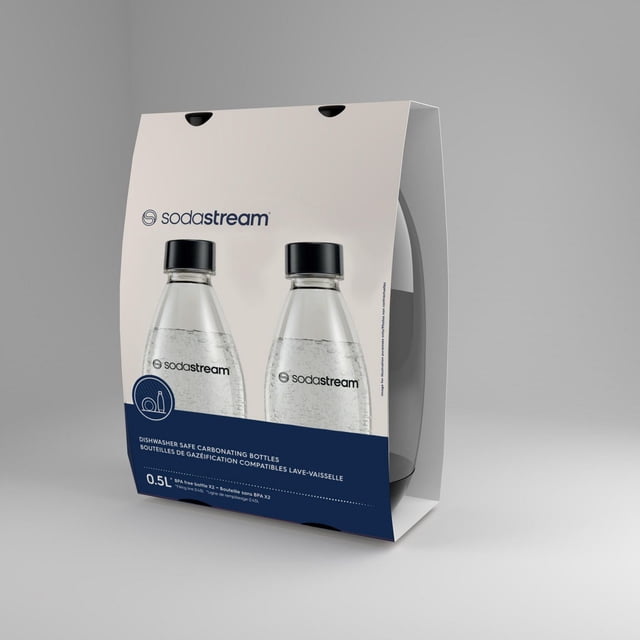 1L Classic Black Bottles Twin Pack - Dishwasher Safe by SodaStream showing two clear BPA-free plastic carbonating bottles with black caps in white and navy packaging, designed for soda makers and small appliances.