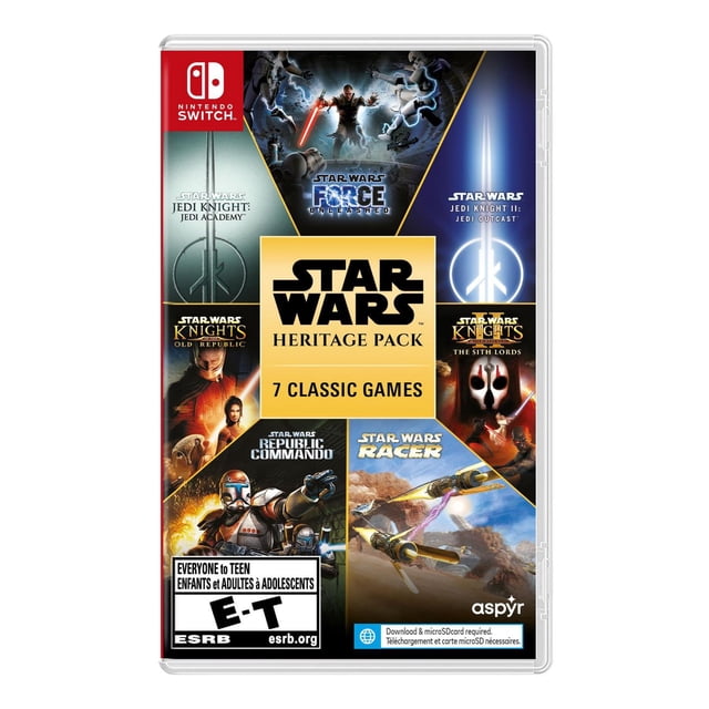 Star Wars: Heritage Pack (Nintendo Switch) game case featuring cover art from seven classic Star Wars games including Jedi Knight: Jedi Academy, Jedi Knight II: Jedi Outcast, Knights of the Old Republic, Knights of the Old Republic II: The Sith Lords, Republic Commando, The Force Unleashed, and Star Wars Racer, with Nintendo Switch logo and ESRB rating E-T for Everyone to Teen.