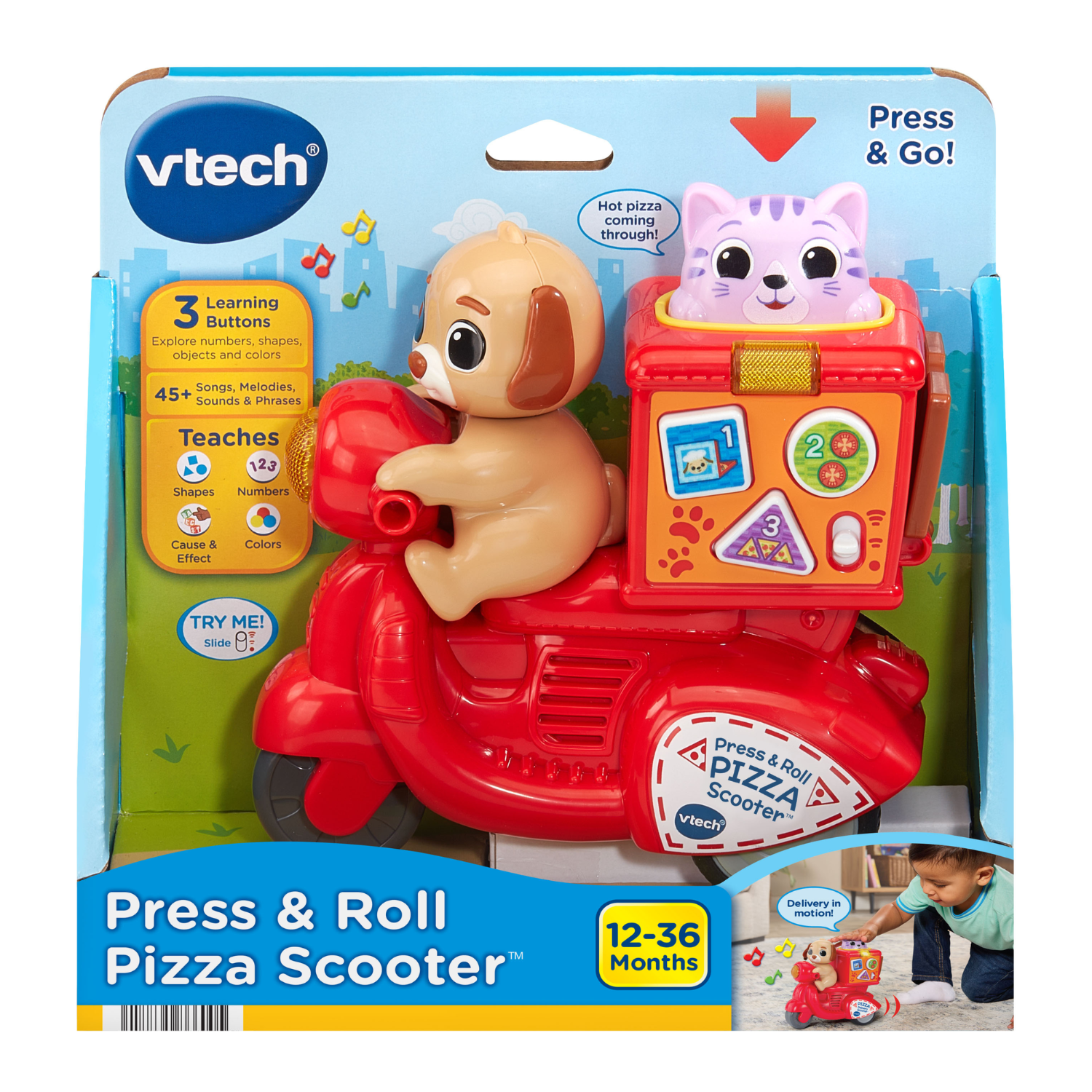 VTech Presse et Roule Scooter rapido avec chiot et chaton - Jouets pour tout-petits - Version anglaise, 12-36 Mois
