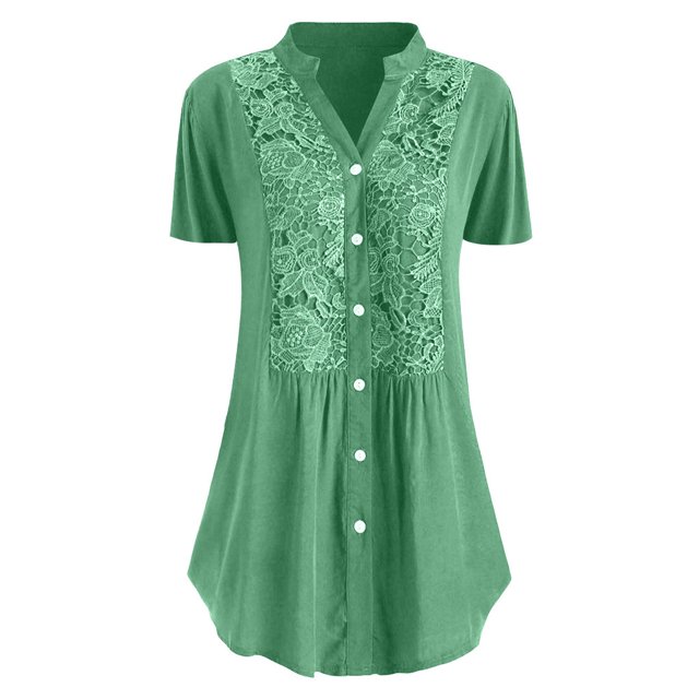 Summer Plus Size Blouse for Women Short Sleeves V Neck Tops Solid Color Lace T Shirts Casual Button Tunic