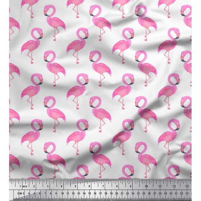 Soimoi White Poly Georgette Fabric Flamingo Bird Print Sewing Fabric Yard 52 Inch Wide