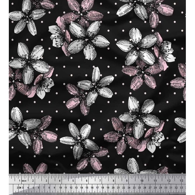 Soimoi Black Modal Satin Fabric Dot & Floral Print Fabric by Yard 42 Inch Wide