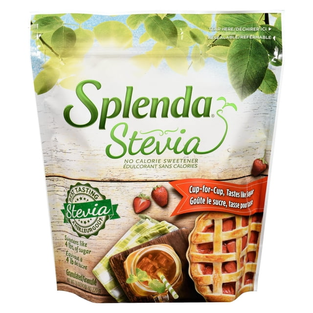 Splenda Sachet d'Édulcorant Sans calories à la Stévia avec Motif Vert et Blanc Mettant en Vedette des Fraises, du Thé Glacé avec une Paille et une Tarte aux Fraises sur une surface en Bois, un Substitut de Sucre Granulé Idéal pour la Pâtisserie, les Boissons et les sauces Sans calories et Sans Ingrédients Artificiels.