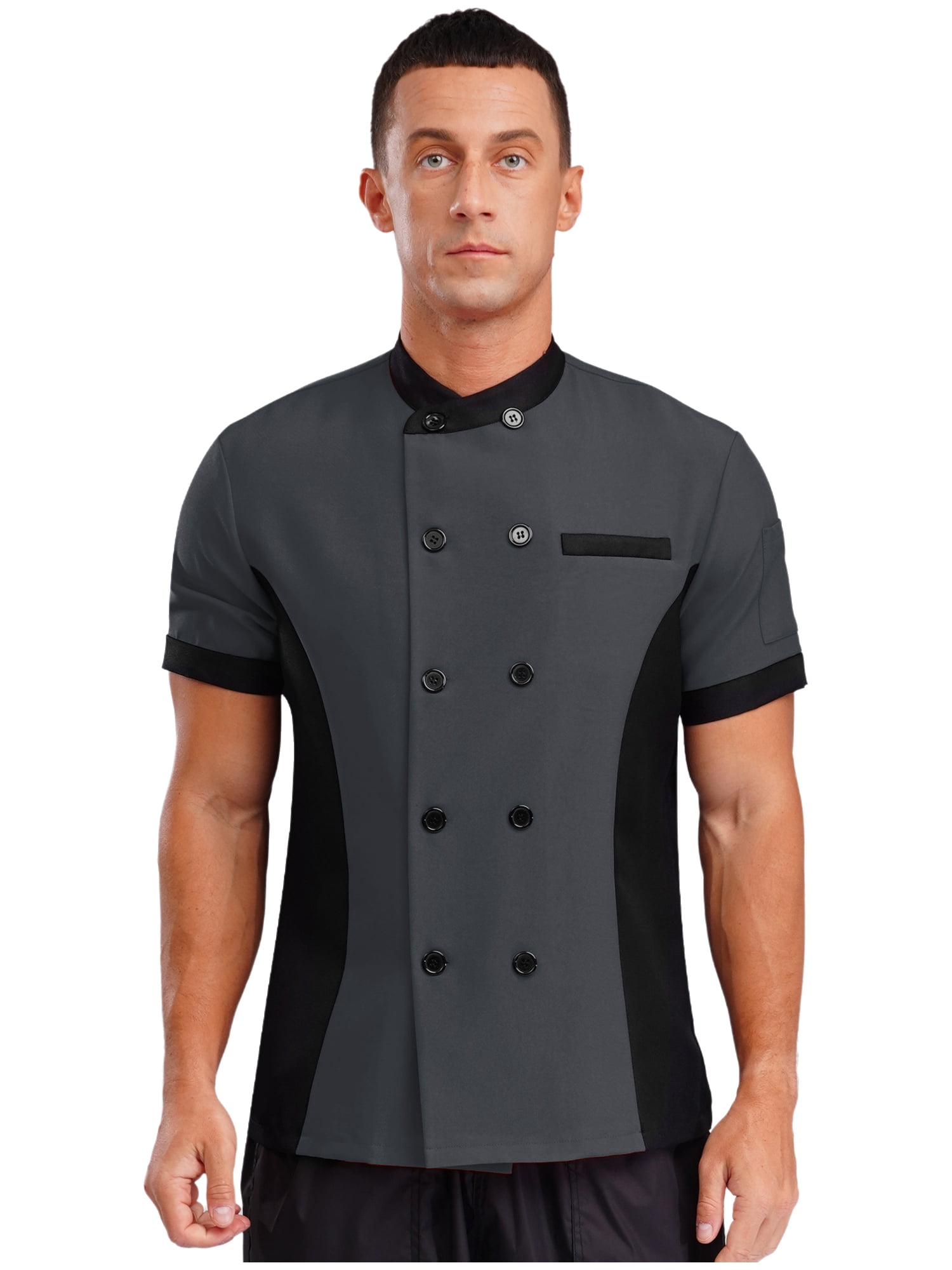TiaoBug Unisex Chef Jacket Double Breasted Short Sleeve Chef Coat Hotel Restaurant Kitchen Work Wear Gray S
