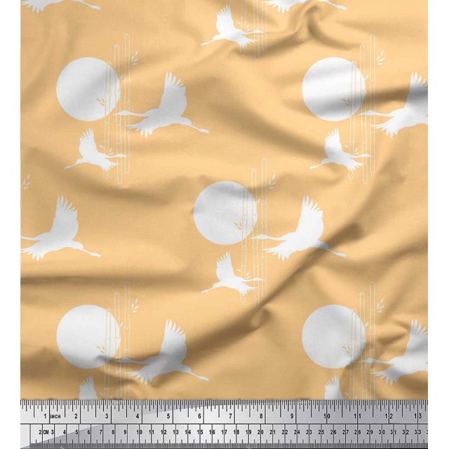 Soimoi Poly Georgette Fabric Bamboo Tree,Moon & Stork Bird Print Fabric by The Yard 42 Inch Wide