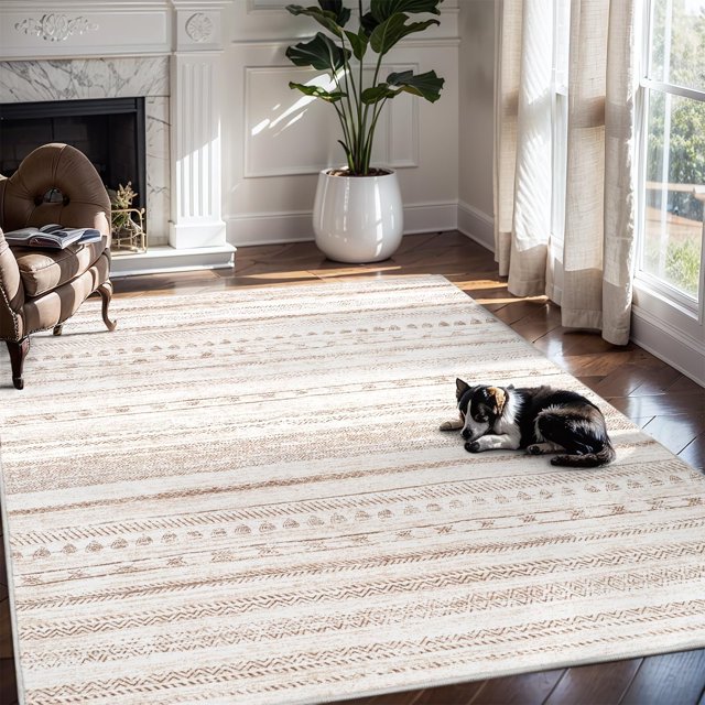Boho Area Rug 3x5 Carpet-Rugs for Living Room Distressed Moroccan-Machine Washable Rugs for Kitchen Entryway Bedroom Dining Room Living Room Modern Neutral Rug Light Brown