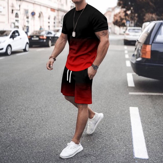 Men's Suits Contemporary Fashion Two-Piece Set Featuring 3D Digital Print Short Sleeve Top and Matching Shorts for Everyday Comfort and Style