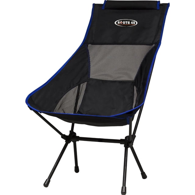 North 49 Pod Hi-Back Compact Camping Chair in black with blue trim, featuring a shock-corded steel frame and mesh fabric panels for airflow and quick drying, supporting up to 260 lbs, folding compactly with an included carry bag for easy transport, shown in a front 3/4 view with the North 49 logo on the headrest.