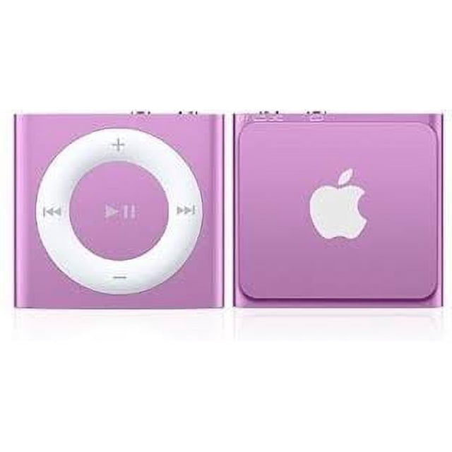 Apple iPod 4th Generation 2GB Pink Shuffle displayed in front and back views. The front features a clickable control pad for easy navigation, while the back showcases the Apple logo. Compact MP3 player with a clip for portability, ideal for music on the go.