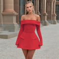 thumbnail image 4 of Robe Mini pour Femmes à Épaules Dénudées à Manches Longues Robe Trapèze Courte Robes Formelles Tenue de Fête Boîte de Nuit Rouge m, 4 of 7