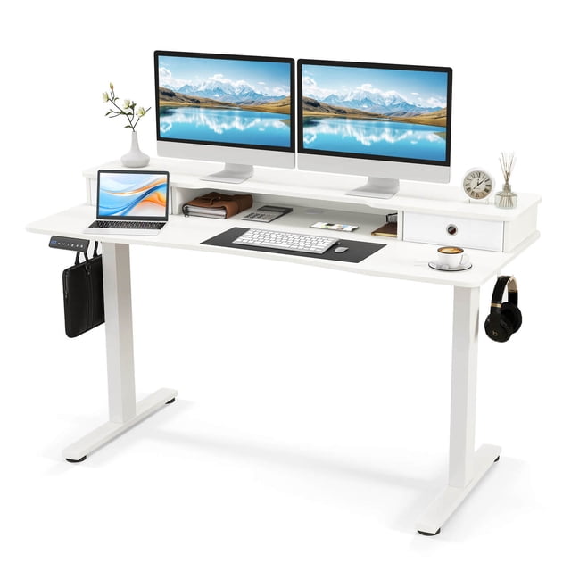 Costway Bureau Debout Électrique 55 Pouces x 24 Pouces avec 2 Tiroirs, Support d'Écran, Tablette de Rangement, Blanc