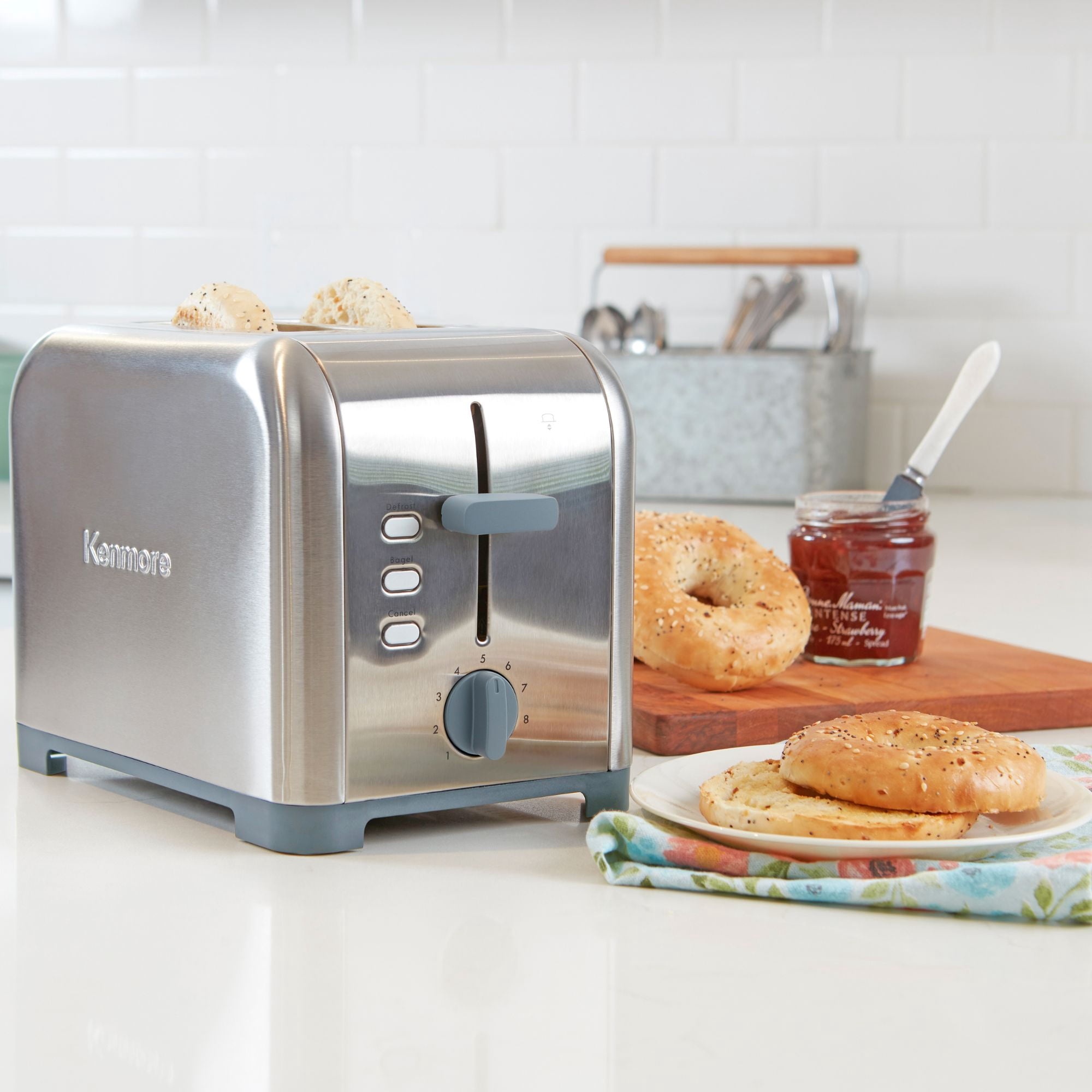 Kenmore Grille-pain 2 tranches en acier inoxydable, argent et gris, fentes extra larges, fonctions bagel et décongélation