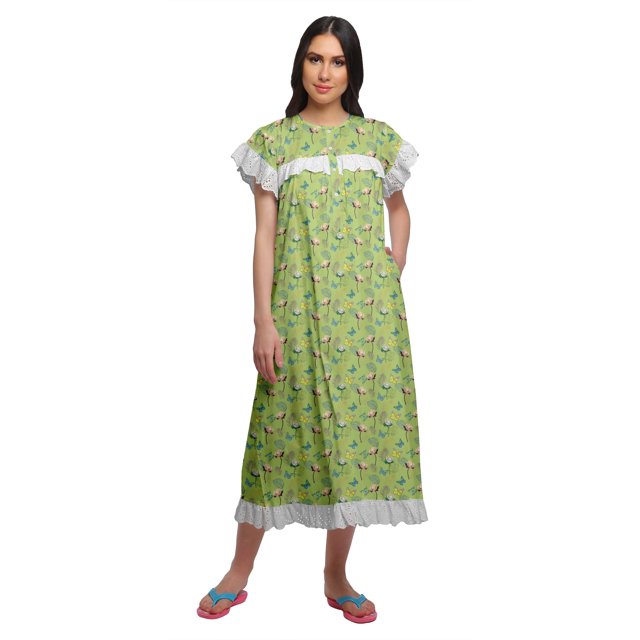 Moomaya Chemise de Nuit Imprimée pour Femmes Mi-Mollet en Coton à Manches Courtes