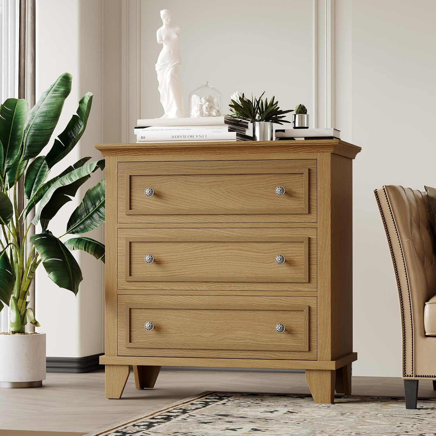 3 Drawer Dresser for Bedroom, Brown Wood Chest of Drawers Bedroom Dresser, Rustic Small Drawers Dressers Nightstand Wooden Closet Storage Cabinet for Living Room