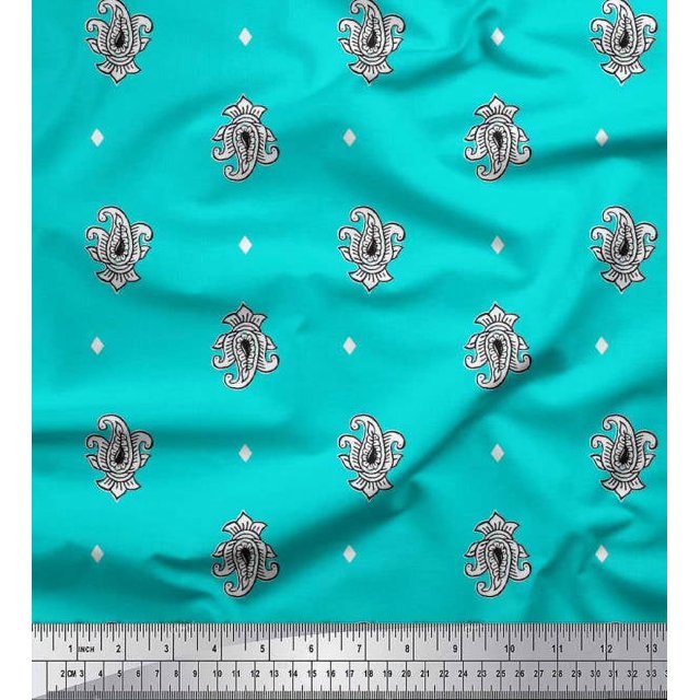Soimoi Silk Fabric Diamond & Paisley Block Decor Fabric Printed Yard 42 Inch Wide