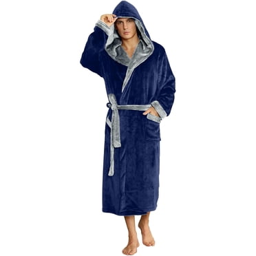 U2SKIIN Mens Fleece Robe with Hood, Mid Length Plush Shawl Collar Two Tone Bathrobe,(Navy/Light Grey,2XL-3XL)