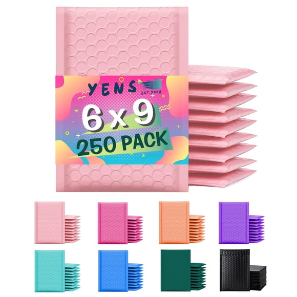Yens Poly Bubble Mailers 6x10 250 Pack Light Pink Waterproof Self Seal Adhesive Shipping Bags Cushioning Padded Envelopes for Shipping Mailing Packaging Usable 6x9