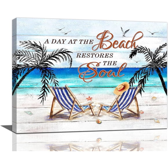 Beach Wall Art Ocean Coastal Wall Decor Beach Chairs Palm Trees Pictures Canvas Prints Beach Seagull Seashell Painting Modern Artwork Home Decoration for Bathroom Bedroom Living Room 16"x12"