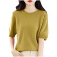 thumbnail image 2 of AherBiu Hauts d'Été pour Femmes Col Rond Manches Mi-Longues Chemises Unies Décontractées Coupe Ample T-Shirts Basiques Blouses, 2 of 5