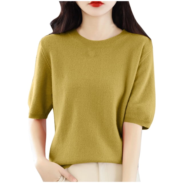 FAIWAD Chandail à Manches Courtes pour Femme, Col Rond, Manches Bouffantes, Léger, Haut d'Été