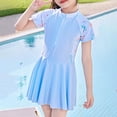 thumbnail image 2 of Yanlir Jupe de Bain pour Filles 2-12 Ans, Maillots de Bain à Blocs de Couleur avec Fermeture Éclair pour Filles, Col Rond, Ajusté, Manches Courtes, Robe Plissée (Bleu, 5 Ans), 2 of 5