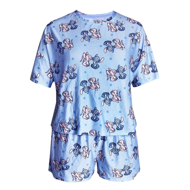 Ensemble de Pyjama 2 Pcs en Tricot - Adultes - T-shirt de Nuit en Tricot à Manches Courtes pour Dames, Vue Frontale, avec Encolure Ronde et Graphique de Surpiqûres, Assorti à des shorts à Cordon Assortis, Coupe Décontractée et Aérée Mettant en Valeur une texture Tricotée polyester-spandex; Convient comme Ensemble de Détente Estival Léger pour le Voyage.
