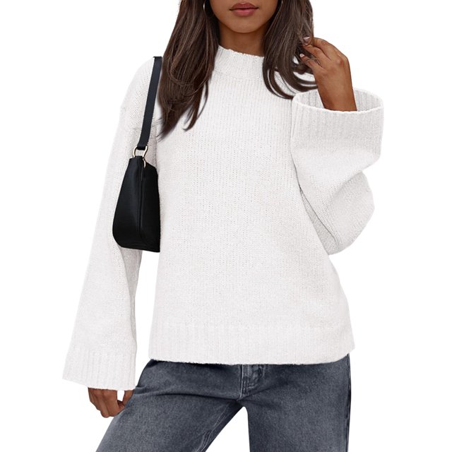 Women'S Long Sleeve Ribbed Knit Loose Pullover Sweater Tops Fuzzy Knit Casual Chunky Fall Outfits Clothes White L