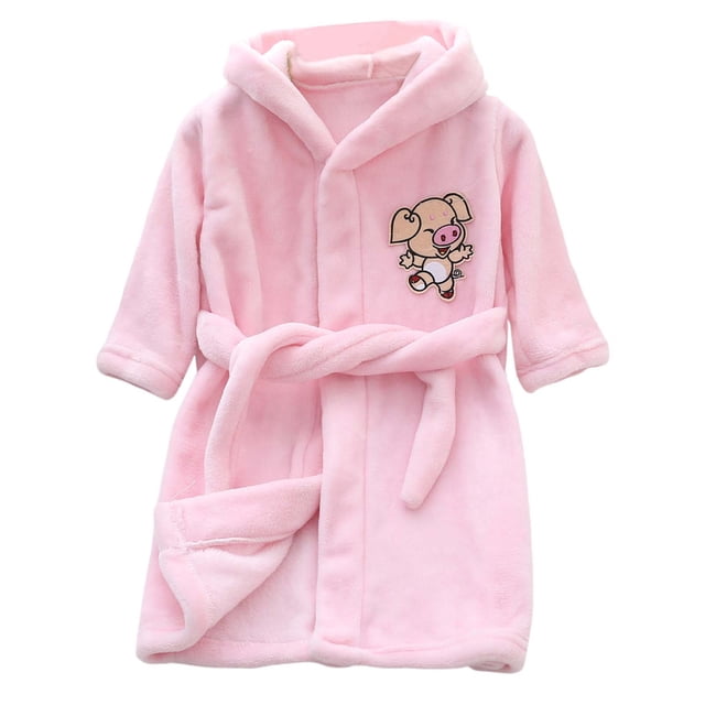 Hiiyo Little Girls Flannel Bathrobe Cartoon Hooded Sleepwear Robe Nightgown Homewear