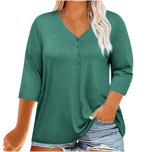 Plebaso Womens Plus Size Tops 3/4 Sleeve V Neck Casual T Shirts Loose Solid Color Button down Blouses Tees