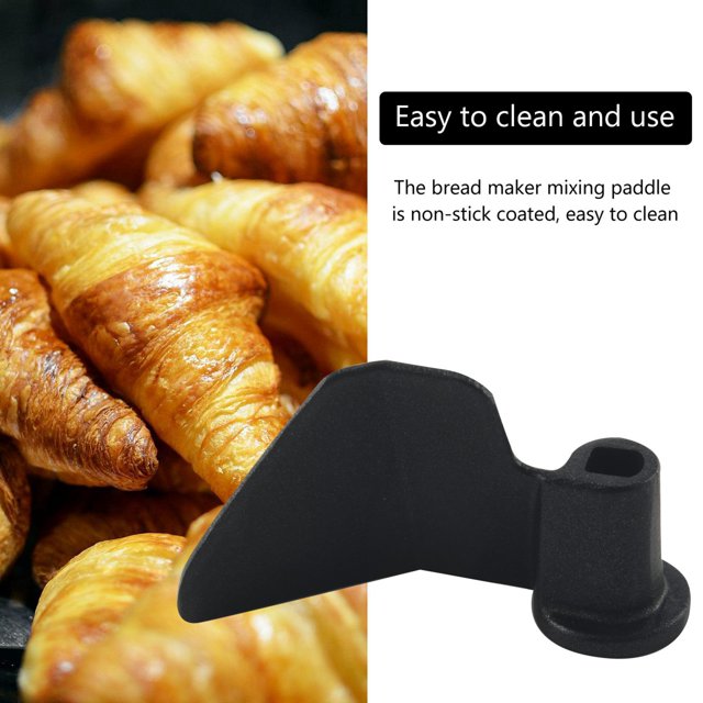 2 Pack Carbon Steel Non-Stick Coating Breadmaker Paddle, black replacement parts for bread maker machines. Designed for kneading dough and mixing ingredients, these paddles are lightweight, portable, and feature a non-stick coating for easy cleaning. Croissants in the background highlight its baking utility. Suitable for various bread machine models, including AHS15AB-PW and EHS15AP-PR.