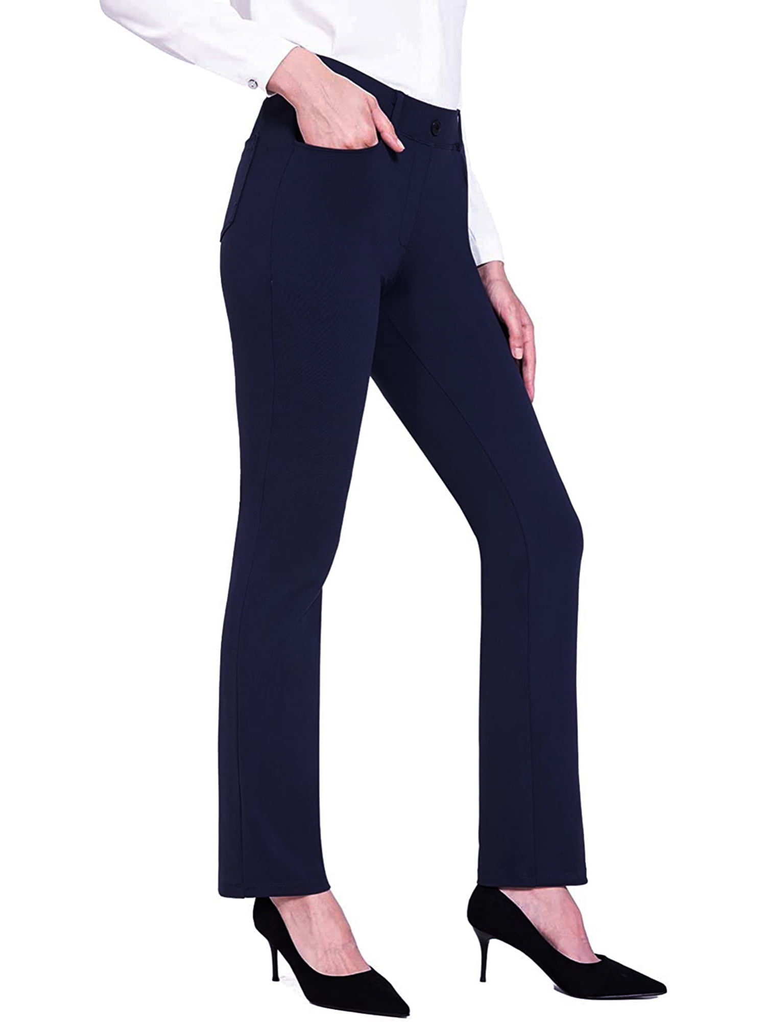 Kmbangi Women's Pants Solid Color High Waist Flared Trousers with Pockets
